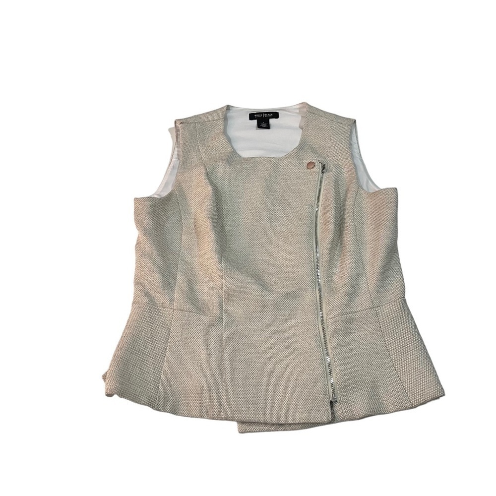 White House Black Market Beige Neutral Tweed Bodice Top Sz 4 Peplum Hem Full Zip - Picture 6 of 15
